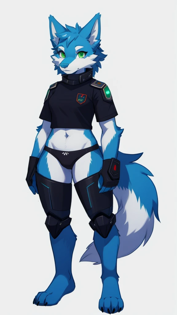 Furry wolf protogen 
female anthropomorphic white fur green eyes blue nose red tail wearing a black shirt and underwear full body color pencil sketch drawing 