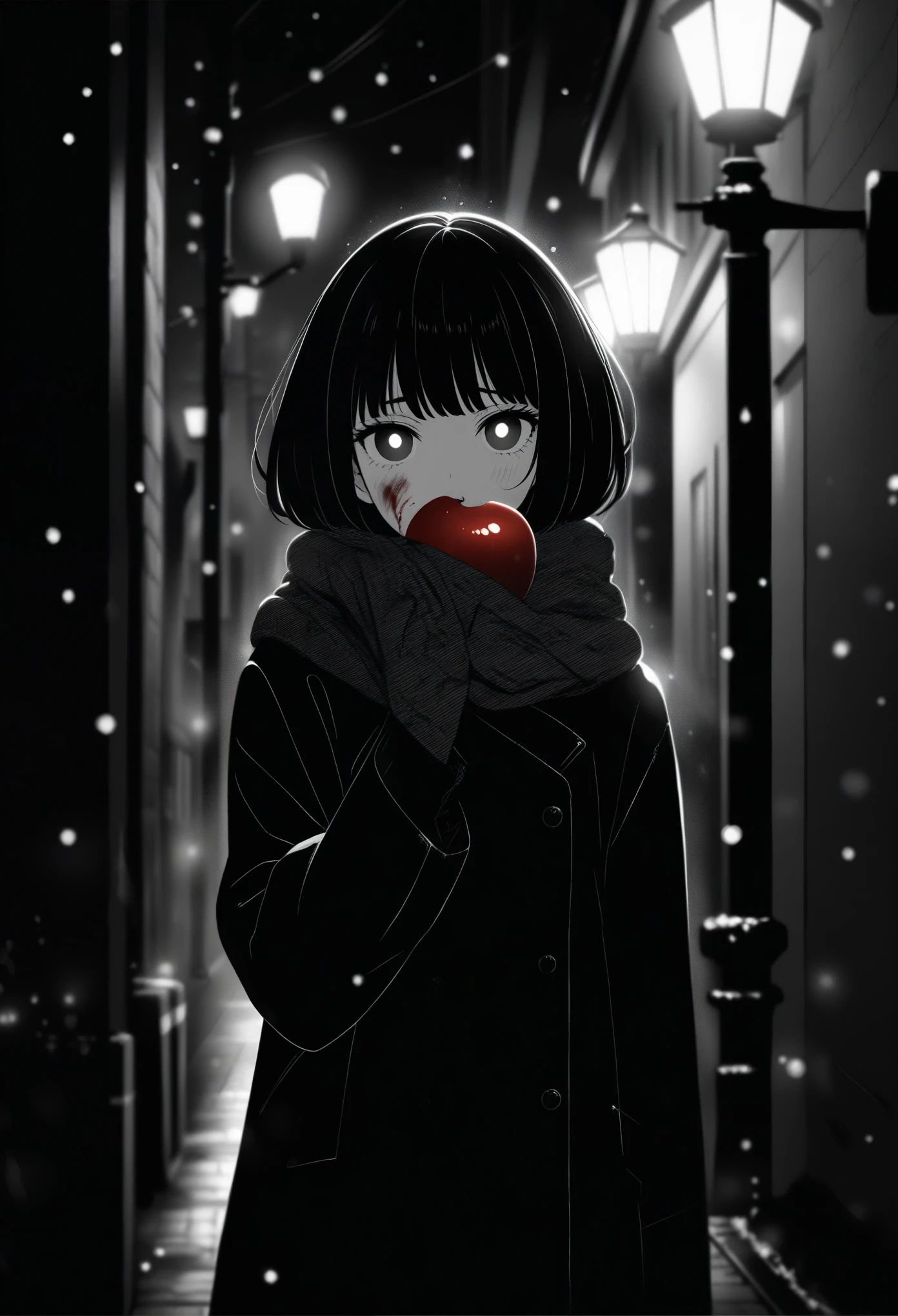 masterpiece, best quality, 1girl, momose_(oqo) official art, grayscale, manga style, japanese, chi no wadachi, black eyes, glowing white pupils, street, iced, black hair, schoolbag, lineart, looking at viewer, blood on face, black coat, black scarf, 35 years old, mature_female:1, tall, fair skinned, bokeh background, bob cut, light particles, centered, snowing, emotional anime scene, scenery, outdoors, (very aesthetic, best quality, ultra detailed), intricate details, red and blue lights flashing, cool, soleless, emotionless, tired, taking a bite out of a shiny red apple, eating apple, holding apple to lips, holding, street lamp, surrounded by darkness, stars in the sky, biting, full shot, sidewalk