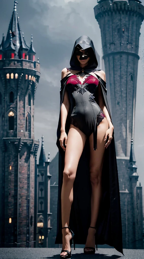 (shoulder length straight short black hair:0.9), （Extremely meticulous CG 8k wallpaper），（Extremely refined and beautiful），（Masterpiece），（best qualtiy：1.0），（Ultra High Resolution：1.0），beautiful light up，Perfect lightning，realistic shaded，[A high resolution]，Smooth and flawless fair skin，Extremely exquisite facial details,(perfect body:1.1），ultra - detailed,A beautiful girl,small head,(Small breasts:1.1),Flat chests,slim,thin,Smile,cheerfulness,(Gorgeous black hooded cloak:1.5),(maxi Gorgeous black lace princess evening dress:1.3),(high heels:1.3),(on futuristic castle tower:1.5),night scene,Portrait photo,(from front:1.2),(cowboy shot:1.2),(close shot:1.2),(upper body:1.2),standing
