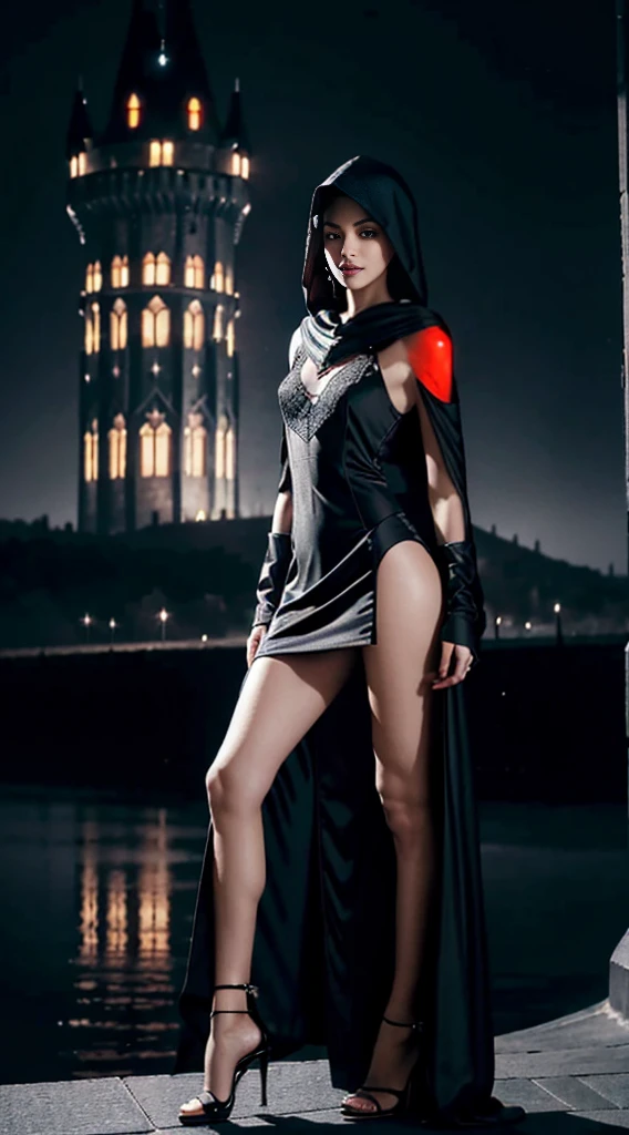 (shoulder length straight short black hair:0.9), （Extremely meticulous CG 8k wallpaper），（Extremely refined and beautiful），（Masterpiece），（best qualtiy：1.0），（Ultra High Resolution：1.0），beautiful light up，Perfect lightning，realistic shaded，[A high resolution]，Smooth and flawless fair skin，Extremely exquisite facial details,(perfect body:1.1），ultra - detailed,A beautiful girl,small head,(Small breasts:1.1),Flat chests,slim,thin,Smile,cheerfulness,(Gorgeous black hooded cloak:1.5),(maxi Gorgeous black lace princess evening dress:1.3),(high heels:1.3),(on futuristic castle tower:1.5),night scene,Portrait photo,(from front:1.2),(cowboy shot:1.2),(close shot:1.2),(upper body:1.2),standing