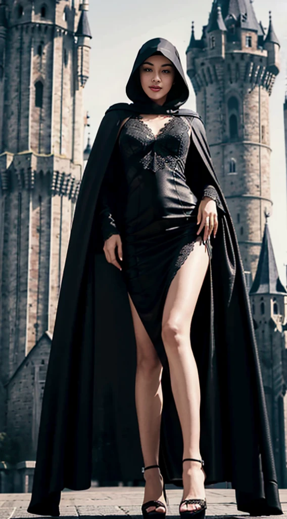 (shoulder length straight short black hair:0.9), （Extremely meticulous CG 8k wallpaper），（Extremely refined and beautiful），（Masterpiece），（best qualtiy：1.0），（Ultra High Resolution：1.0），beautiful light up，Perfect lightning，realistic shaded，[A high resolution]，Smooth and flawless fair skin，Extremely exquisite facial details,(perfect body:1.1），ultra - detailed,A beautiful girl,small head,(Small breasts:1.1),Flat chests,slim,thin,Smile,cheerfulness,(Gorgeous black hooded cloak:1.5),(maxi Gorgeous black lace princess evening dress:1.3),(high heels:1.3),(on futuristic castle tower:1.5),night scene,Portrait photo,(from front:1.2),(cowboy shot:1.2),(close shot:1.2),(upper body:1.2),standing