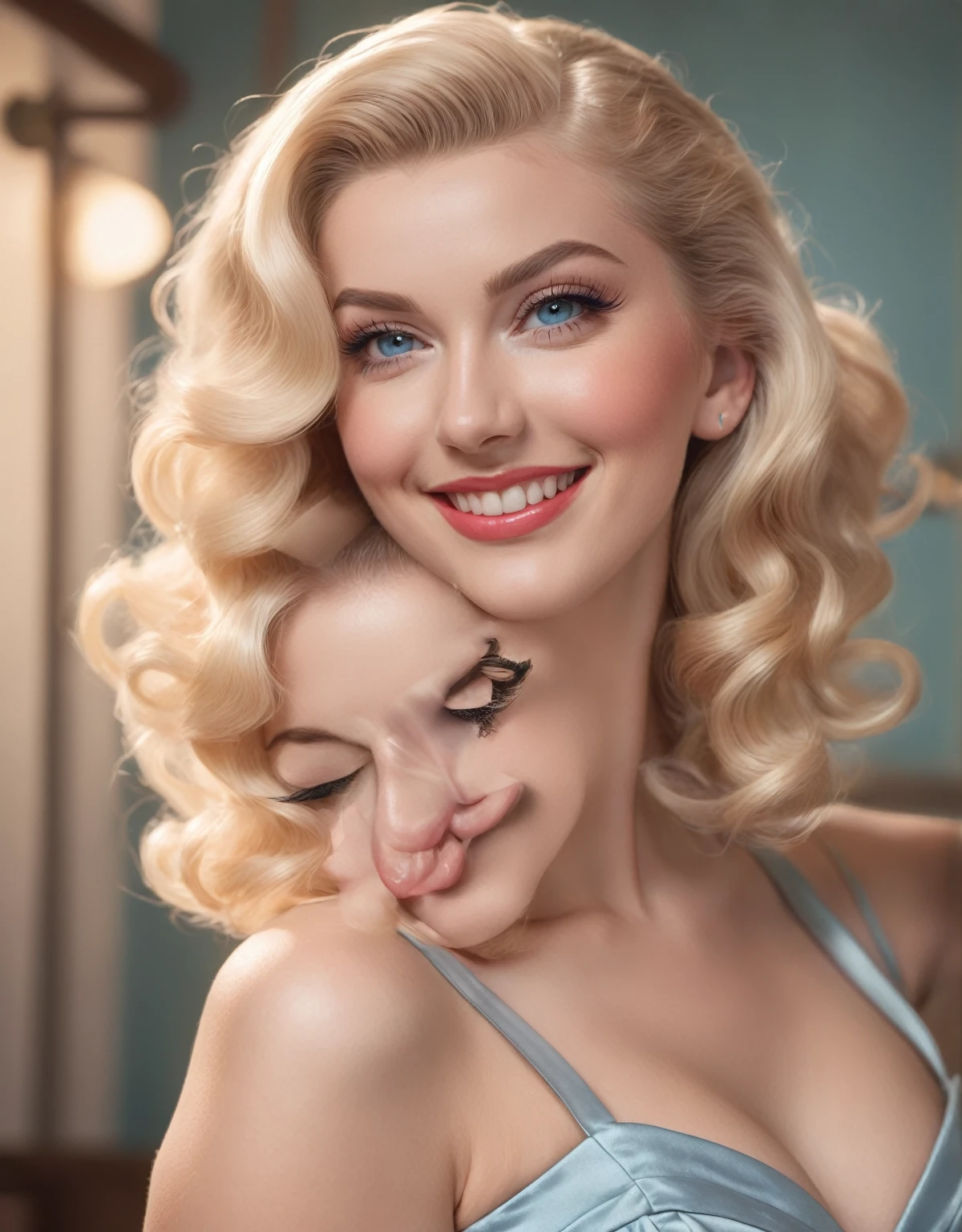 beautiful blonde 1940's pinup girl, smile, blue eyes, detailed face, long eyelashes, rosy cheeks, soft skin, elegant dress, retro style, warm lighting, pastel colors, cinematic shot, hyperrealistic, photorealistic, (best quality, 4k, 8k, highres, masterpiece:1.2), ultra-detailed, (realistic, photorealistic, photo-realistic:1.37)