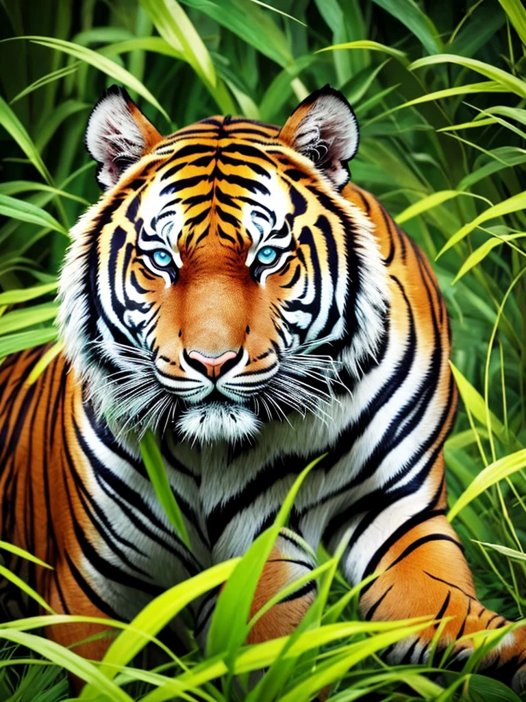 a tiger in the jungle with blue eyes and green grass, vector art by Kilian Eng, trending on cgsociety, sumatraism, ((tiger)), jen bartel, martin ansin, amazing wallpaper, tiger, tiger_beast, highly detailed vector art, profile picture 1024px, a tiger, amoled wallpaper, phone wallpaper hd