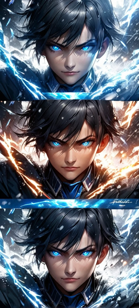 Far view,High quality, ultra realistic,absurdres, highres, ultra detailed, HDR, masterpiece, extremely detailed face and eyes, a cool Sub Zero, Mortal combat, cool posw, ,, , solo, ,man, handsome, ,white eyeleshes, blue eyes ,explosive effect , ,blue lightning effect,glowing glitters , symetrical , ice effect, snow