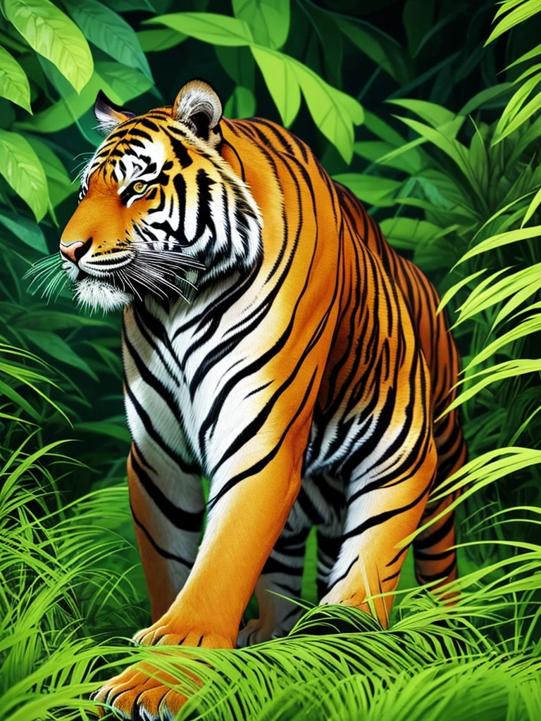 a tiger in the jungle with blue eyes and green grass, vector art by Kilian Eng, trending on cgsociety, sumatraism, ((tiger)), jen bartel, martin ansin, amazing wallpaper, tiger, tiger_beast, highly detailed vector art, profile picture 1024px, a tiger, amoled wallpaper, phone wallpaper hd