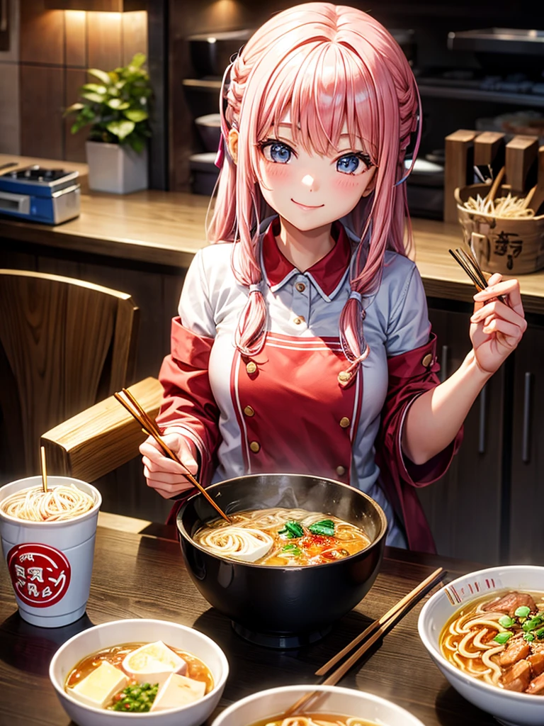 Highest Resolution,Highest quality,A girl smiling and looking at ramen while breaking disposable chopsticks,