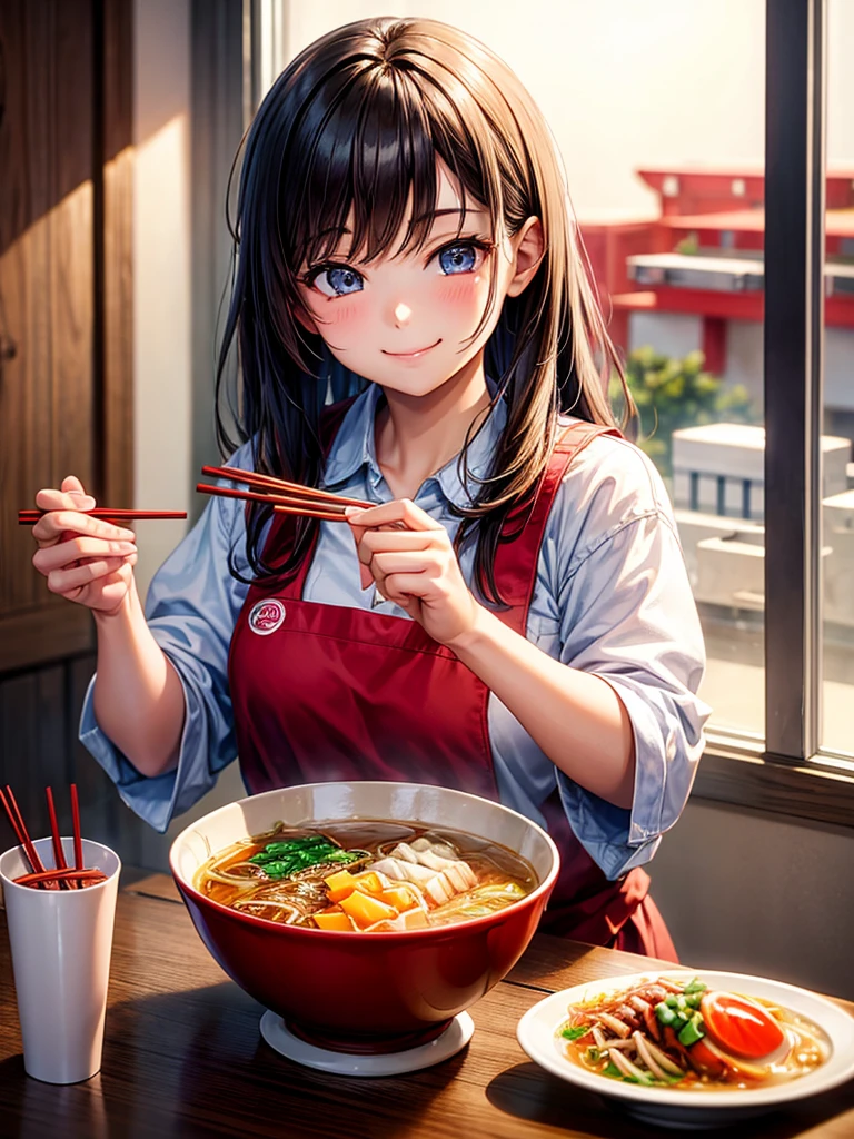 Highest Resolution,Highest quality,A girl smiling and looking at ramen while breaking disposable chopsticks,