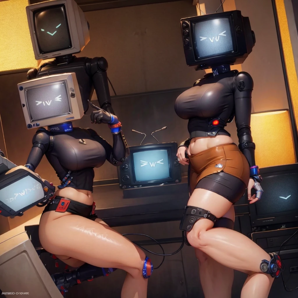 (masterpiece) (high Res), (robot), (Perfect face), (perfect anatomy), robot woman with a television head, in super tight clothes, (office suit), (mini skirt), shirt, tie, blue glowing eyes, huge breast, narrow waist, wide hips, thick thighs, Brown skin, metal body, black high heels, (TV Head), (tv girl), (Television Head)
