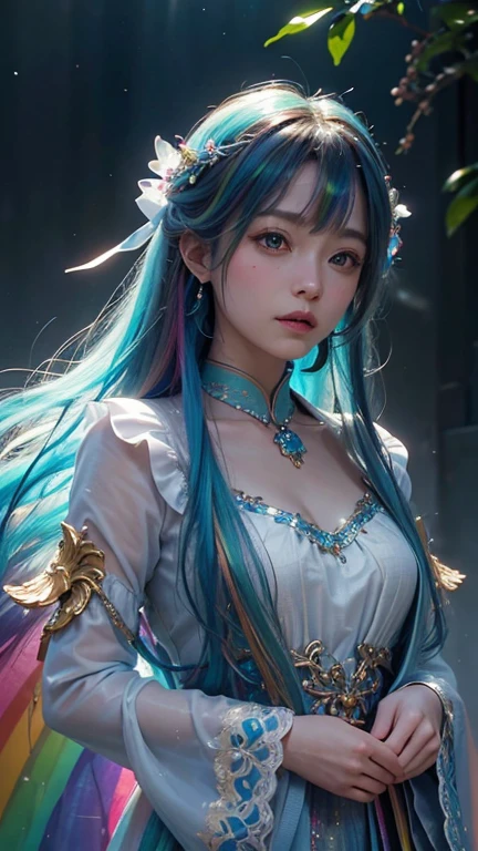 (((masterpiece))), (((Highest quality))), ((Super detailed)),(Highly detailed CG illustrations), ((Very delicate and beautiful)),Cinematic Light, 現在流行しているGenreの巨匠のスタイルを模倣した、Create stunning fantasy artwork。. In the works of art、It should contain elements of both mythical and fairytale fantasy with dreamy rainbow accents。. ((Use the rainbow as your main color.)) The characters in this work are、神秘とGives off an aura of magic繊細でありながら力強い人物であり、 (美しいTranslucent rainbowの羽). Pay close attention to complex facial features, Create captivating eyes with vibrant colors and bold shadows. Character clothing should be designed with thin feathers, silk, Beautiful embroidery, Subtle iridescent details. insert (((Translucent rainbow))), Dreamy colors, Dynamic Lighting, Detailed background elements that create awe and immersion. Gives off an aura of magic、Colorful magical birds and jewel-like rainbow butterflies々Draw. Considering the latest trends in fantasy art, Unique lighting effects, Exploring dynamic and engaging compositional techniques, Try out unique color palettes. Get inspired by top artists from ArtStation and Midjourney. camera: Highlight the beauty of the characters、Choose an angle that enhances the magical majesty of your artwork。. Lighting: Utilize atmospheric lighting techniques to create depth and atmosphere. solve: Aim for high-resolution artwork for exquisite detail and clarity. Art inspiration: Get inspired by popular artists with ArtStation, Explore different styles, Genre, theme.