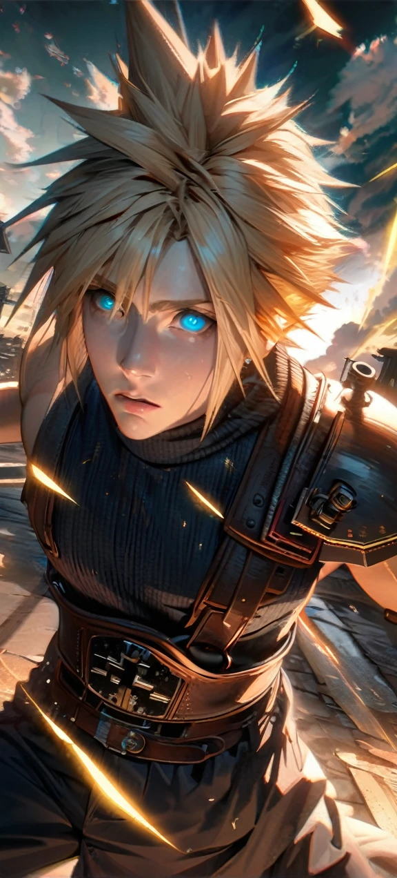 Symetrical,absurdres, highres, ultra detailed, HDR, masterpiece, extremely detailed face and eyes, Cloud Strife,final fantasy 7, yellow hair , , solo, man, handsome, ,, , Epic fight scene, yellow lightning effect, glowing glitters, symetrical 