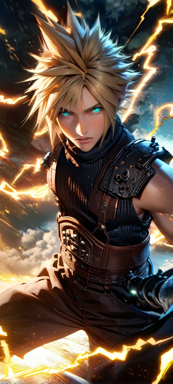 Symetrical,absurdres, highres, ultra detailed, HDR, masterpiece, extremely detailed face and eyes, Cloud Strife,final fantasy 7, yellow hair , , solo, man, handsome, ,, , Epic fight scene, yellow lightning effect, glowing glitters, symetrical 