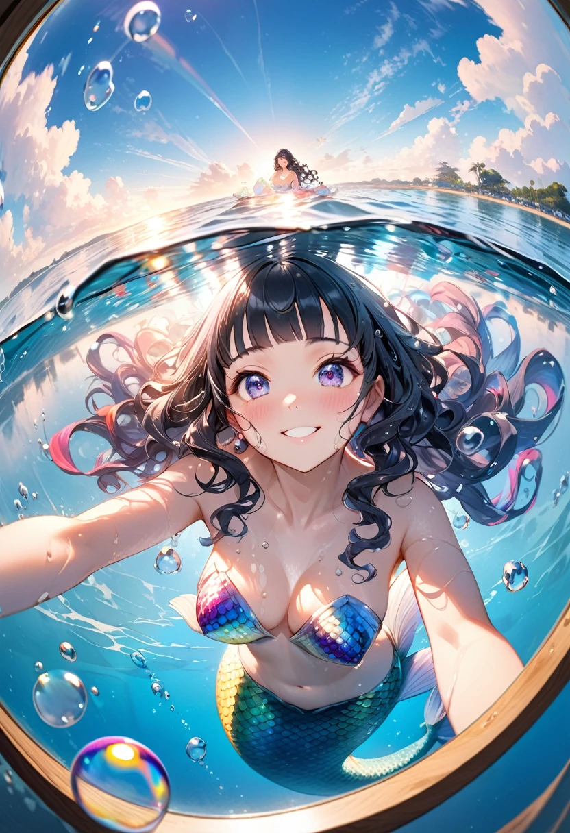 Double exposure, Fisheye Lens, RAW Photos:1.2, masterpiece, Highest quality, 16K, Unbelievably absurd, Very detailed, Perfect beauty, Beautiful cute mermaid,, Long, jet-black curly hair, Blunt bangs, Long sideburns, Wet Hair, Vibrant colors, Ultra-realism:1.2, Middle chest, Iridescent Scales, Jump halfway up into the sea, A rainbow in a beautiful blue sky, Water bubbles, Girl looks up, Secret Pose, A shy smile, Mirror Effect:1.2,