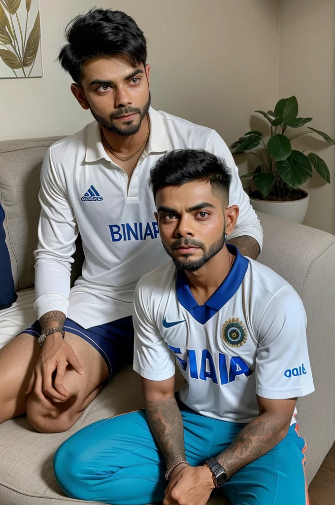 A boy named Sourav is sitting next to Virat Kohli in an India jersey