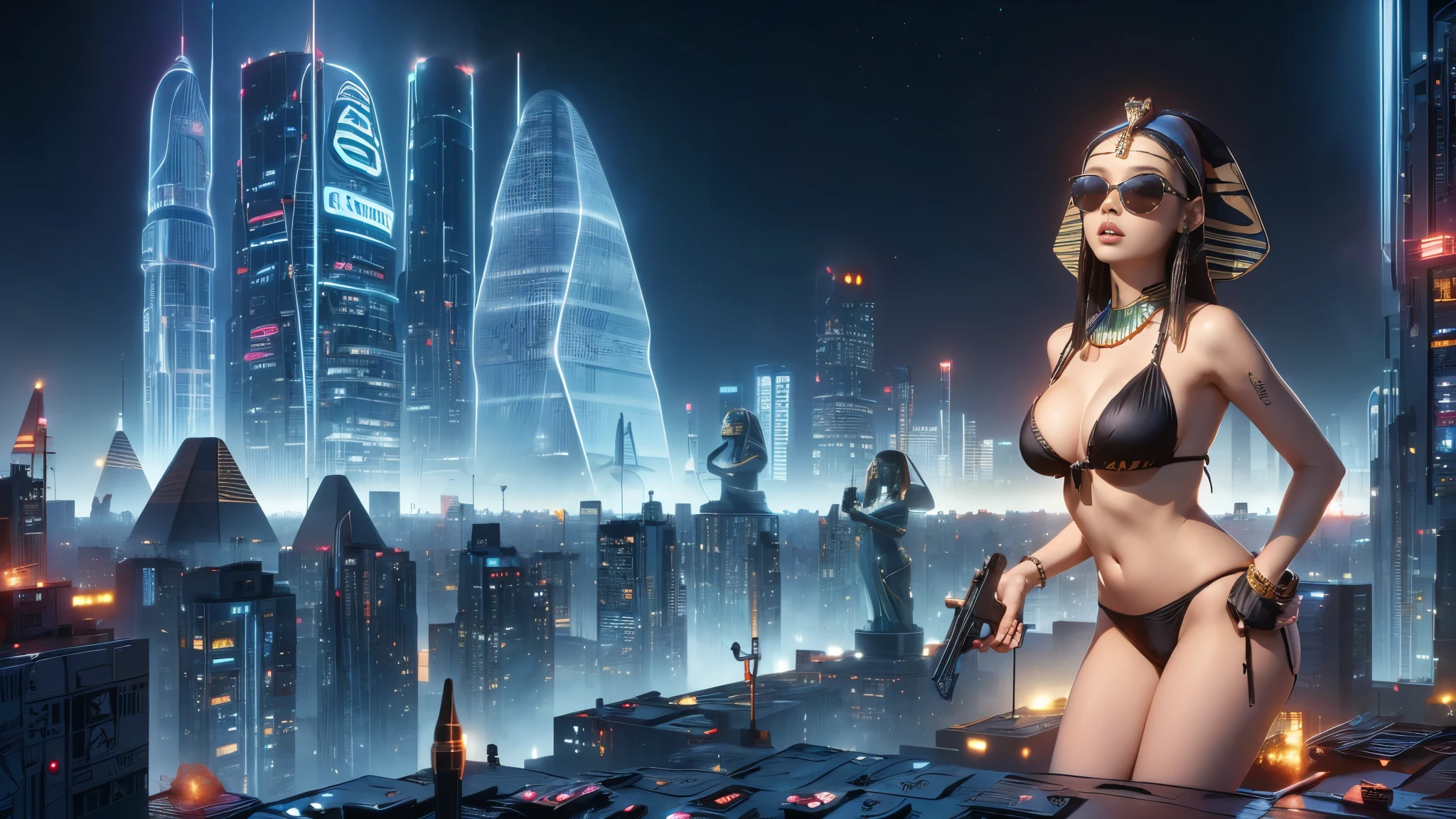 (((a medium-breast bikini slim GIRL with black micro sunglasses))), (((aiming at viewer with a pistol))), a balcony of a futuristic building, aerial view of an ultra-futuristic megalopolis, many metal buildings and houses in dark colors from dark blue to black, a cidade tem tons de cinza metal, has smoky metal structures , industrial environment with smoke and fog around, carros escuros nas ruas, desert megalopolis, trilhos e trens modernos de de metal passando estre as ruas da cidade, tall futuristic metal buildings, many ultra modern buildings around, (((an Egypt sphinx statue on the top of building))), realistic, detailed, sci-fi.
