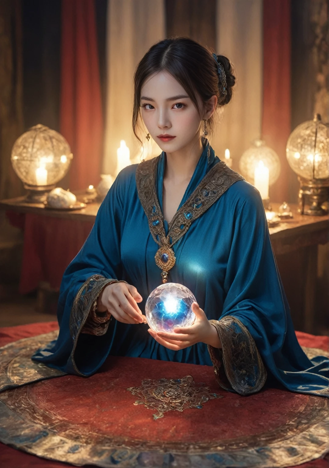 Female fortune teller. (Overall body orientation: frontal) Charming, beautiful and mysterious. She wears a blue cloak and has a clear face. Eyes wide open, looking straight ahead. Bright and glittering, full of anxiety and anticipation. He holds a crystal ball in each hand. He supports the large crystal ball with the five fingers of each hand. He stands up and holds the crystal ball in front of his chest. The lighting in the room is bright, creating a fantastic atmosphere. Highest picture quality, 4K or 8K resolution. Level of detail is very fine and photorealistic. Artistic style should reflect a formal aesthetic with bright colors and strong contrasts. The color palette should emphasize the mysterious and mystical theme of the work. The fortune teller's cloak is decorated with metal borders and intricate designs, with a thickness ratio of 1.5 The overall atmosphere is pretty and magical. The fortune teller's expression should be mysterious and intriguing.
