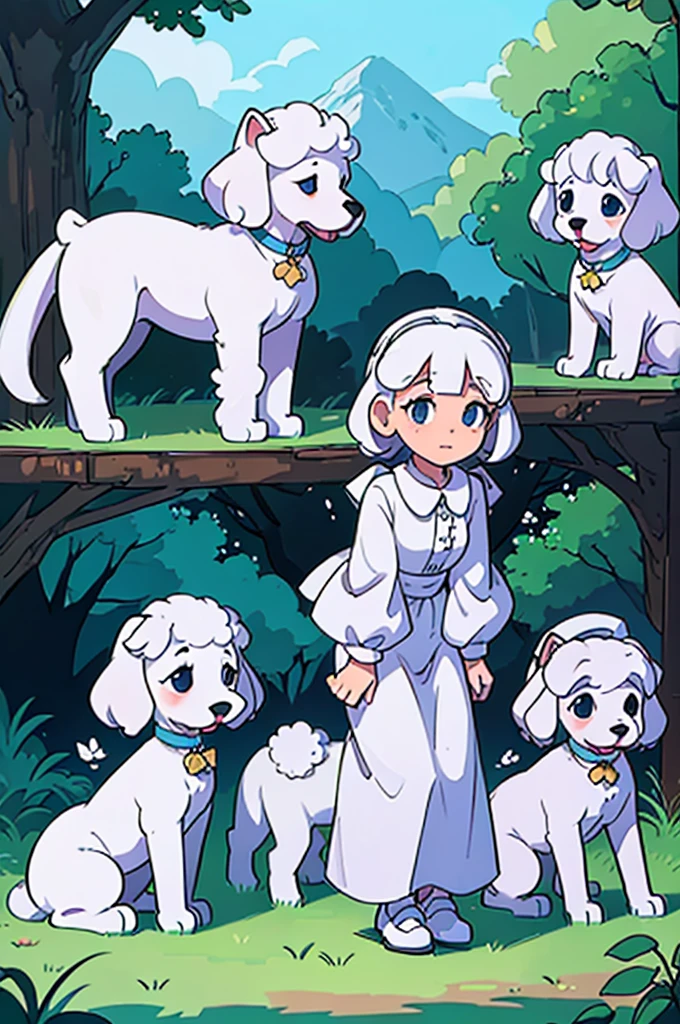 Five white poodle puppies in a nice quiet forest