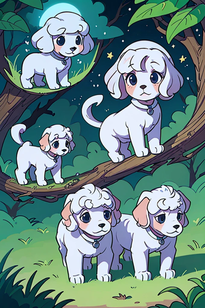 Five white poodle puppies in a nice quiet forest