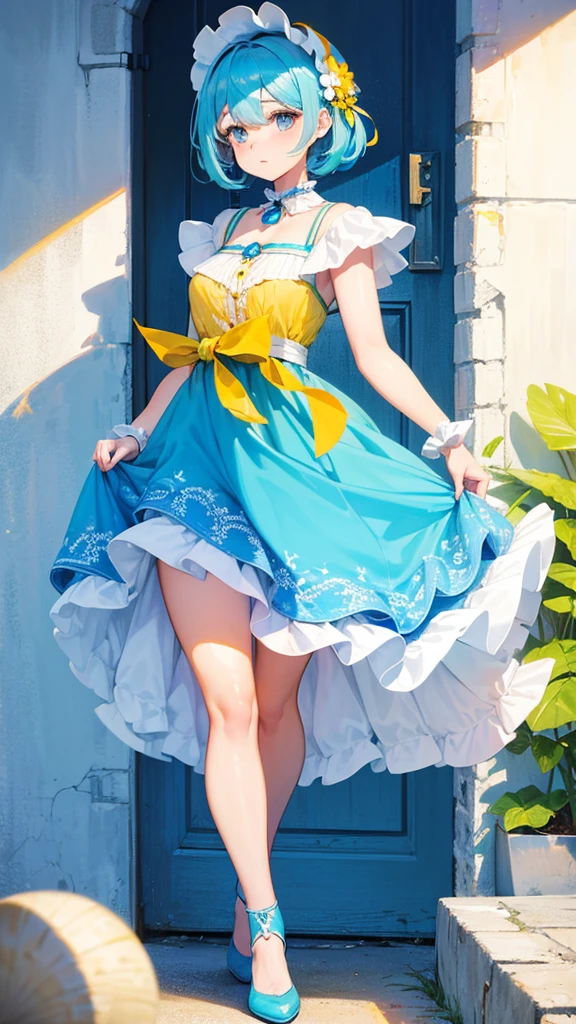 a cute girl beautiful attraction big chest blue hair Caribbean short round wearing shell hair her bright blue eye she dresses in a white shirt yellow lace thread collar and her long blue skirt sea shape yellow heel