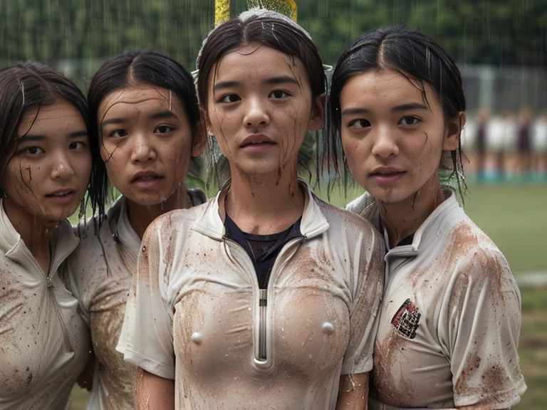 (A plain white short sleeved dirt stained field hockey uniform with a very tight white half zip:1.7)、(A large, dirt-stained, white, square collar: 1.6)、(Red clay ground:1.5)、My hair is wet and messy、(Beautiful Japanese woman covered in dirt:1.6)、Highest quality, masterpiece, Ultra-high resolution, Photorealistic, Raw Photos,Detailed face,(All of them are women with well-trained bodies.:1.8), (Fastener open: 1.8), (Upper body zoom up:1.0),(Everyone wears the same clothes:1.0), All members are super beauties, (Group photo of beautiful Japanese women huddled together: 1.5), (Hair tied up: 1.4), (Gentle expression:2.1), Bright photo, (My whole body is drenched in rain: 1.7), (Covered in mud and earth: 1.2)