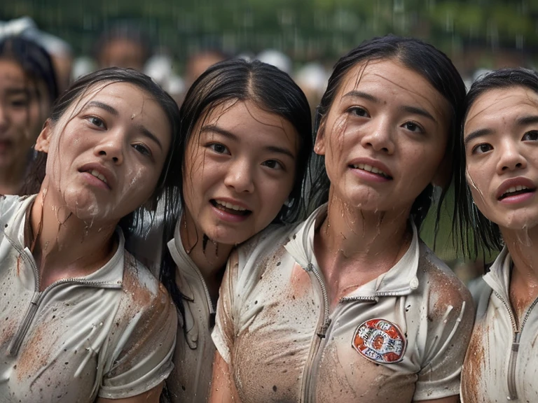 (A plain white short sleeved dirt stained field hockey uniform with a very tight white half zip:1.7)、(A large, dirt-stained, white, square collar: 1.6)、(Red clay ground:1.5)、My hair is wet and messy、(Beautiful Japanese woman covered in dirt:1.6)、Highest quality, masterpiece, Ultra-high resolution, Photorealistic, Raw Photos,Detailed face,(All of them are women with well-trained bodies.:1.8), (Fastener open: 1.8), (Upper body zoom up:1.0),(Everyone wears the same clothes:1.0), All members are super beauties, (Group photo of beautiful Japanese women huddled together: 1.5), (Hair tied up: 1.4), (Gentle expression:2.1), Bright photo, (My whole body is drenched in rain: 1.7), (Covered in mud and earth: 1.2)