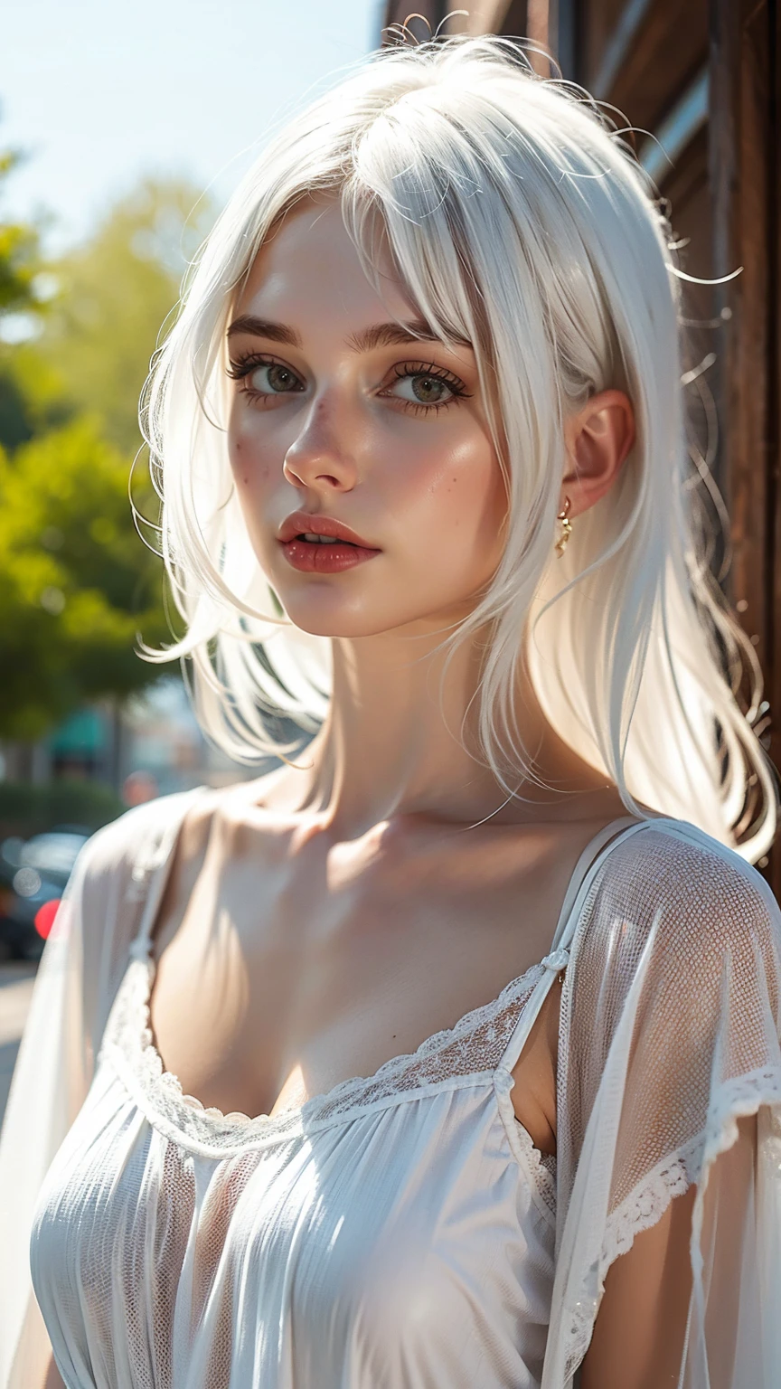 Woman, 160cm, white hair, outside background,