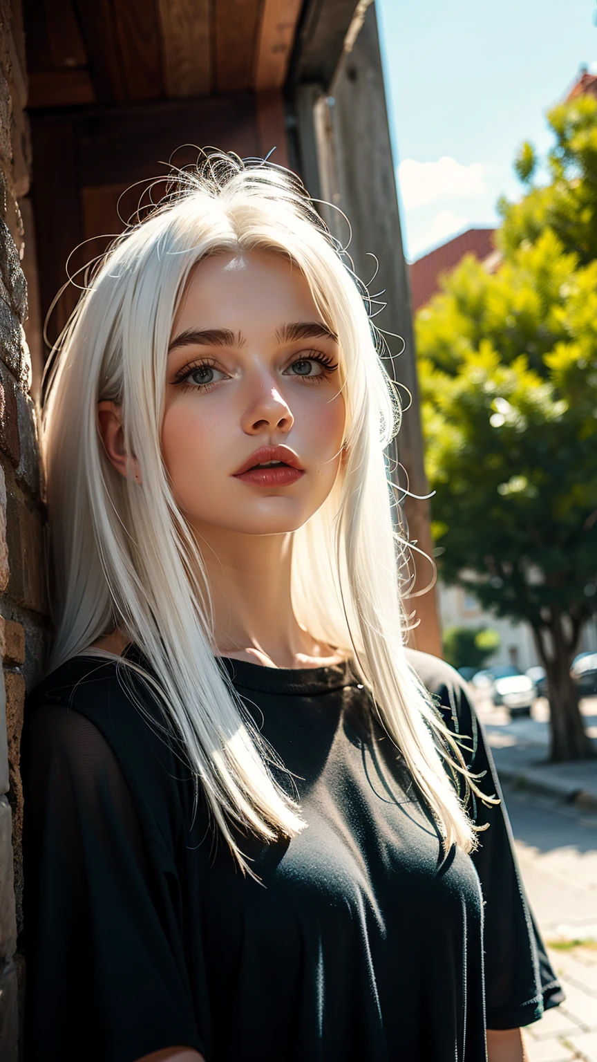 Woman, 160cm, white hair, outside background,