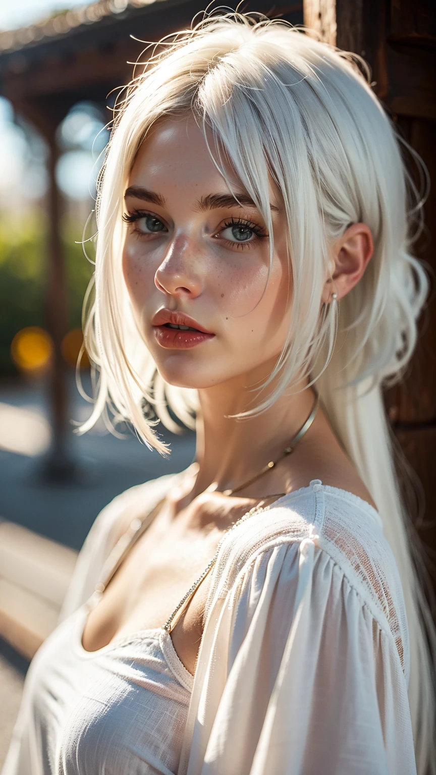 Woman, 160cm, white hair, outside background,