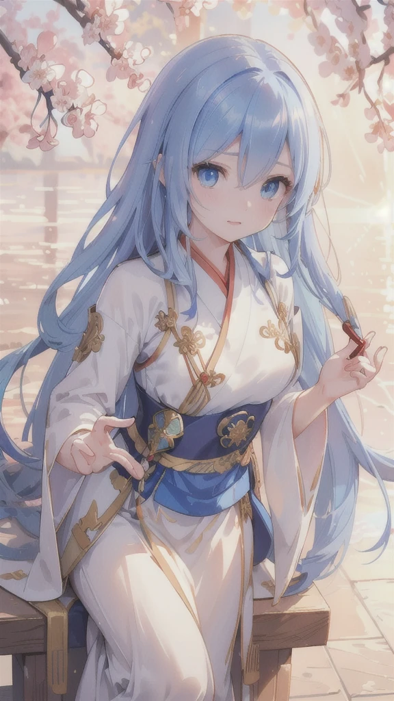 (A girl resembling a swallow, with long deep blue hair, piercing blue eyes, dressed in a blue Hanfu and armor, holding a blue dagger. (best quality,4k,8k,highres,masterpiece:1.2),ultra-detailed,(realistic,photorealistic,photo-realistic:1.37), HDR, vivid colors, oil painting, detailed facial features, intricate patterns on the Hanfu, elaborate metalwork on the armor, dynamic pose in mid-air, surrounded by cherry blossoms, golden sunset lighting, a sense of tranquility and strength.