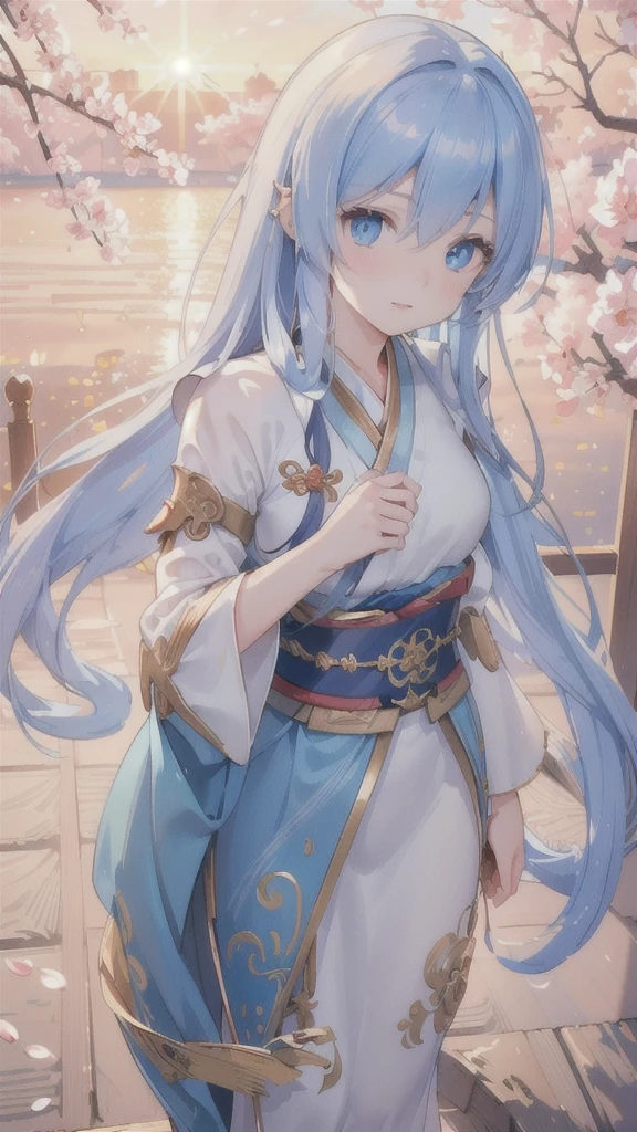 (A girl resembling a swallow, with long deep blue hair, piercing blue eyes, dressed in a blue Hanfu and armor, holding a blue dagger. (best quality,4k,8k,highres,masterpiece:1.2),ultra-detailed,(realistic,photorealistic,photo-realistic:1.37), HDR, vivid colors, oil painting, detailed facial features, intricate patterns on the Hanfu, elaborate metalwork on the armor, dynamic pose in mid-air, surrounded by cherry blossoms, golden sunset lighting, a sense of tranquility and strength.