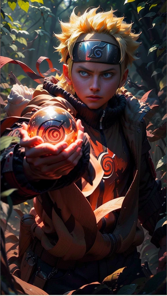(best quality), (masterpiece), ultra-detailed, 1boy, uzumaki naruto, epic pose, action, combat, energy ball, particle effects, long sleeve, emphasis lines, movement lines, (swirling:1.2), kamehameha,  electricity, aura, conbat in the forest vs samurai 1.4, combat in the forest bamboo,