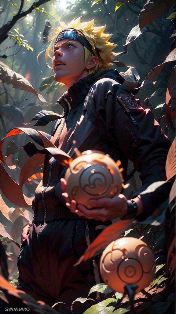 (best quality), (masterpiece), ultra-detailed, 1boy, uzumaki naruto, epic pose, action, combat, energy ball, particle effects, long sleeve, emphasis lines, movement lines, (swirling:1.2), kamehameha, electricity, aura, conbat in the forest vs samurai 1.4, combat in the forest bamboo,