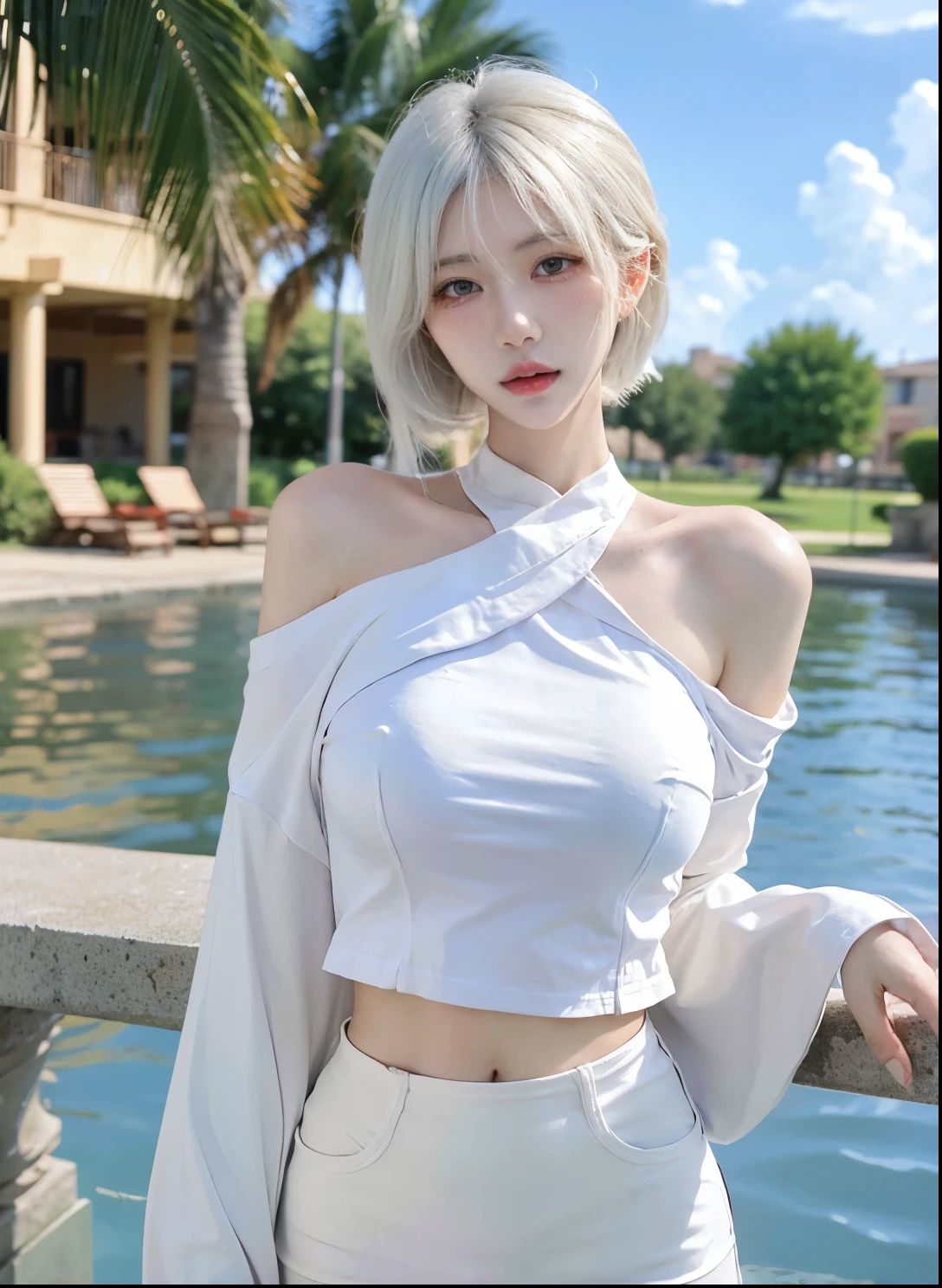 Beautiful woman with perfect figure:1.4,Swimming background,Desert Background,Ultra-high resolution,Seductive laughter,wear glasses,(lifelike:1.4),Layered Hairstyle,White皮肤,Super short pleated skirt,whole body,Very delicate face and skin texture,Double eyelids,Skin Whitening,Long hair,White hair,White,