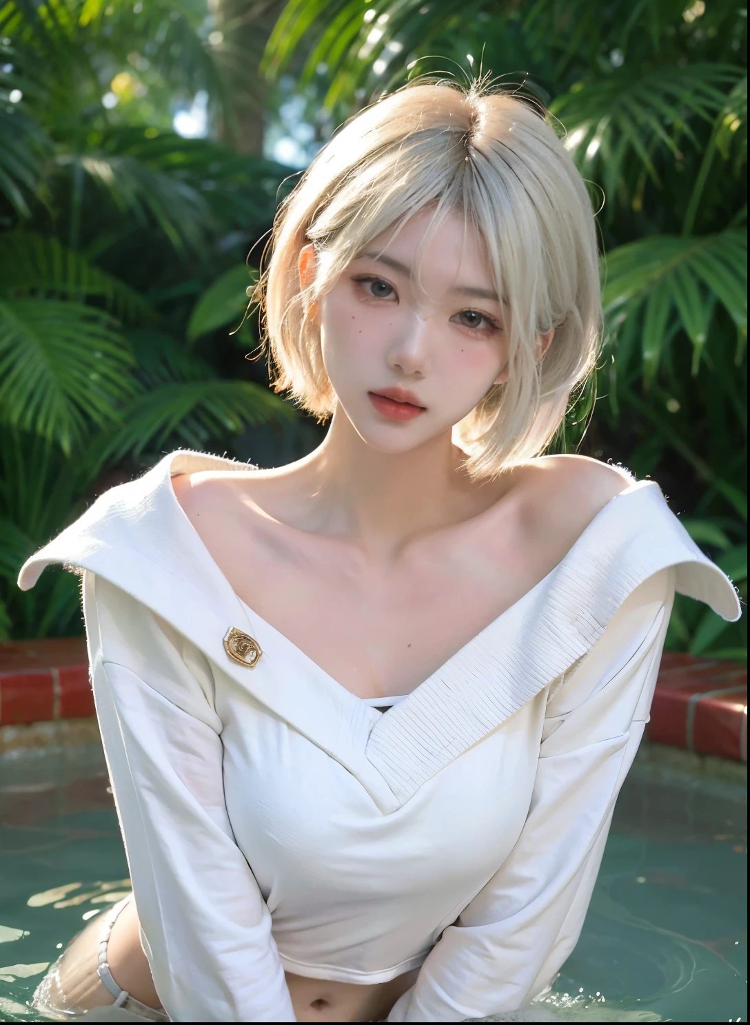 Beautiful woman with perfect figure:1.4，Swimming background，Desert Background，Ultra-high resolution，Seductive laughter，wear glasses，（lifelike：1.4），Layered Hairstyle，White皮肤，Super short pleated skirt，whole body，Very delicate face and skin texture，Double eyelids，Skin Whitening，Long hair，White hair，White，