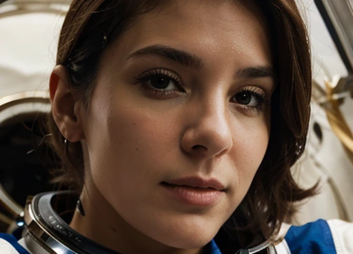 Close-up photo of astronaut's face. Atmosphere of the day. ( astronaut walking inside a cave entrance on the unknown planet ).