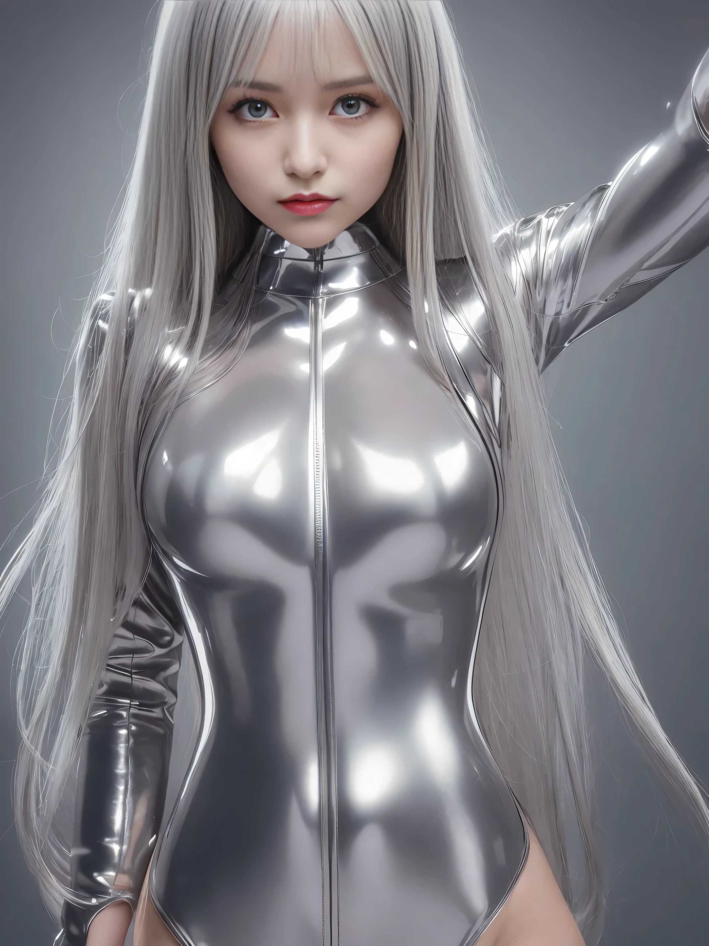 1 girl, Angelique A very beautiful and cute girl, detailed and beautiful eyes, fine double eyelids, (Big eyes:1.3), long brown straight hair, see through bang, shiny hair,(Ultra-shiny metallic silver full bodysuit:1.4),(Bodysuit only available in one color:Platinum silver that reflects like a mirror) , ULTA tight-fitting bodysuit with ultra-thin ultra-reflective surfaces, (A thin bodysuit that clings to the body without gaps), (Hard erect nipples:1.4), (Nipples pointing upwards:1.4), sharp focus, beautiful detailed face and eyes, droopy eyes , walking small nose, small mouth, huge breasts, Happy smile with visible teeth, ((highest quality)), Raw photo, High resolution, perfect details, professional photos, professional lighting,strong lighting on bodysuit,Lens flare,