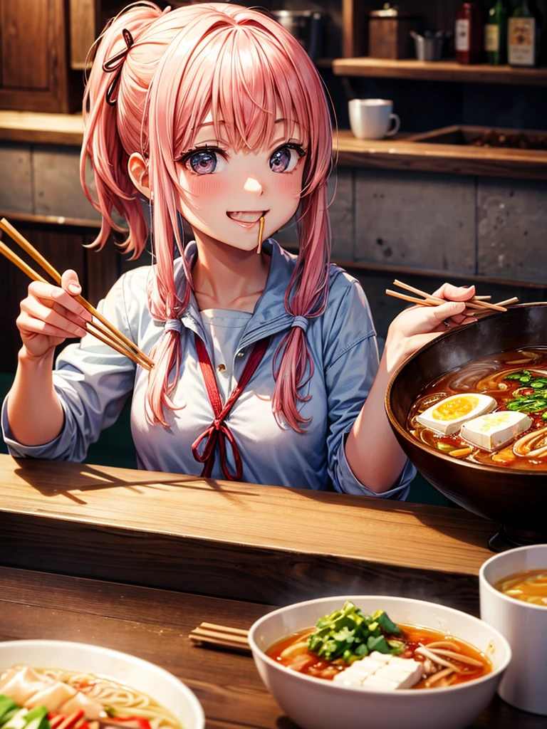 Highest Resolution,Highest quality,A girl smiling and looking at ramen while breaking disposable chopsticks,Open your mouth and drool,
