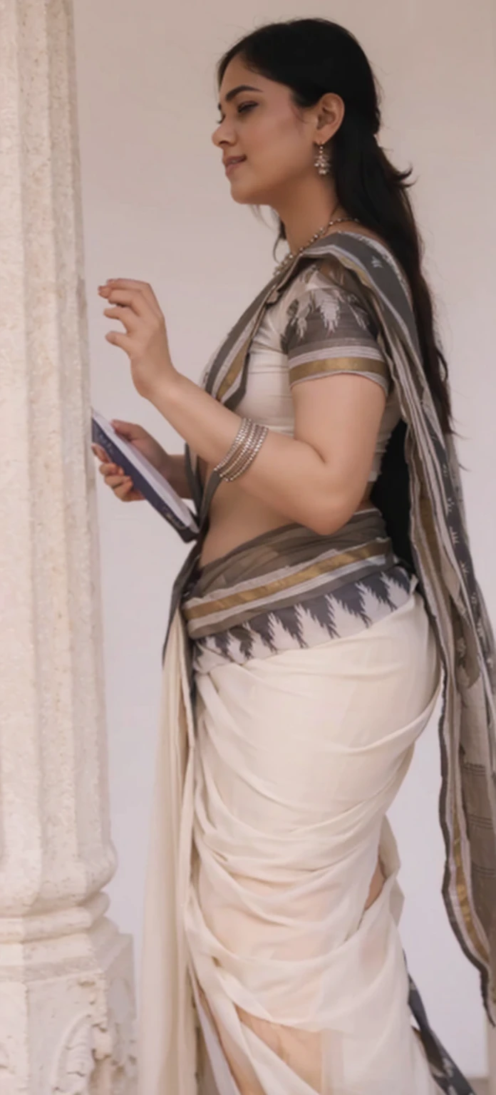 Pale girl in white saree sideview,chubby navel,big ass,big breasts,ass crack,chubby love handles