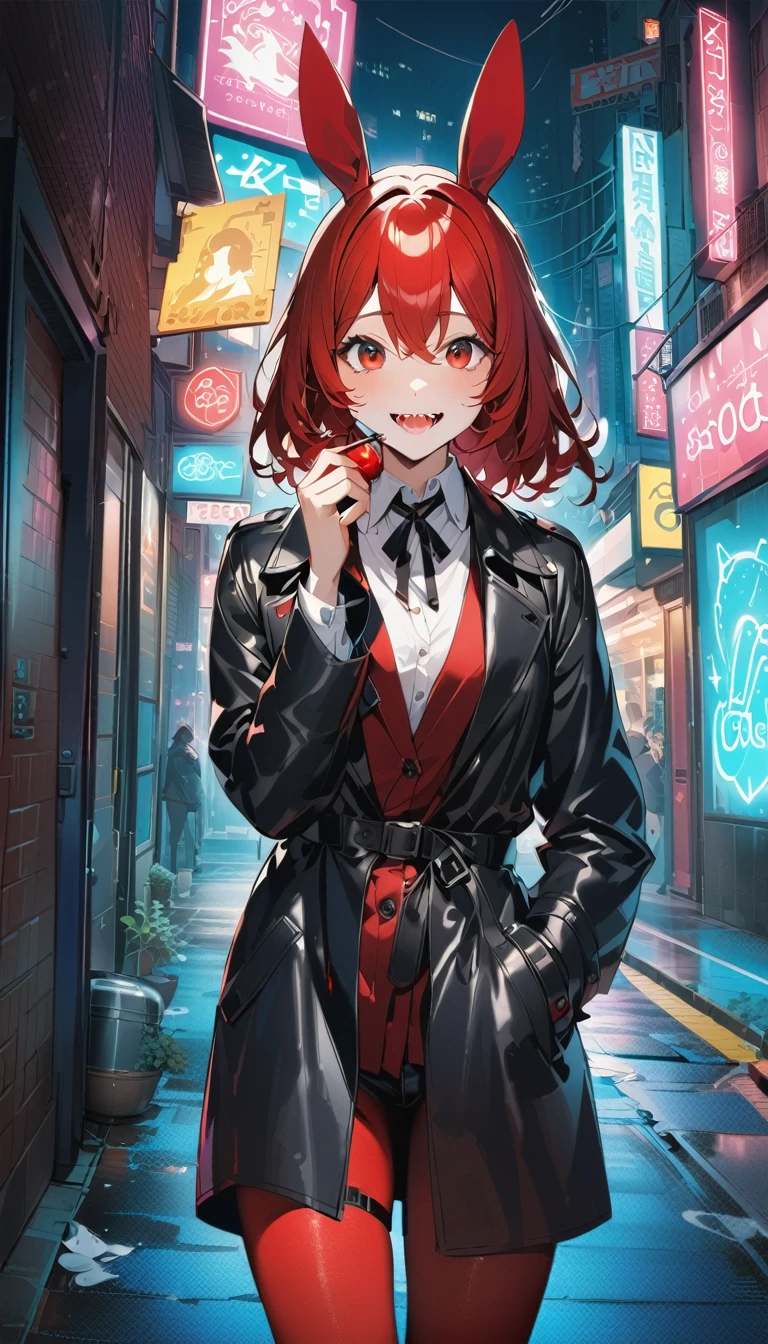 quality\(masterpiece, best quality,8K,非常に精細なCGユニットのwallpaper,High resolution,top-quality,top-quality real texture skin,Surreal,Increase the resolution,RAW Photos,最高quality,Very detailed,wallpaper\), break ,Black leather trench coat, A girl in a black leather trench coat:1.5,\(Girl,cute,Red hair,Red Bunny Girl:1.37, Red Pantyhose, Red Garter Belt, Red Eye,Big eyes,Eyes Shining,Drinking blood,smile,Sharp teeth,Open your mouth,\), break ,background(outside,night,neon,Backstreets)