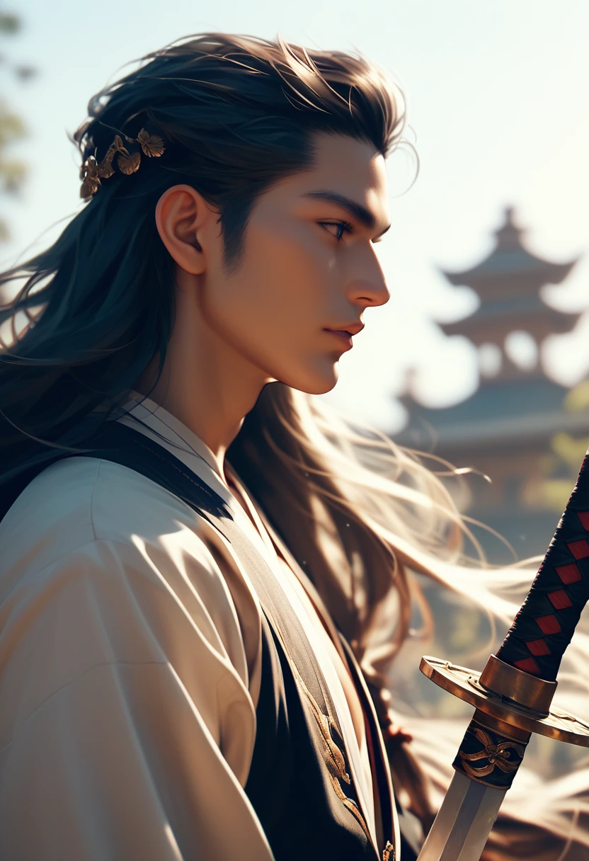 Ancient costume long hair man,Armed with a sword,antiquity,Profile