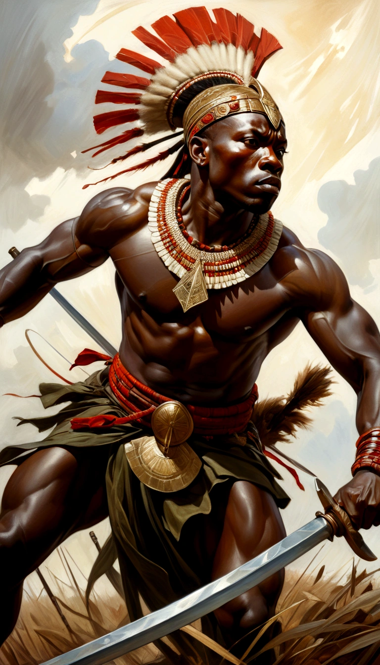 low angle of an african warrior at the battlefield, wind, top light, masterful painting in the style of Anders Zorn | Marco Mazzoni | Yuri Ivanovich, Todd McFarlane, oil on canvas
