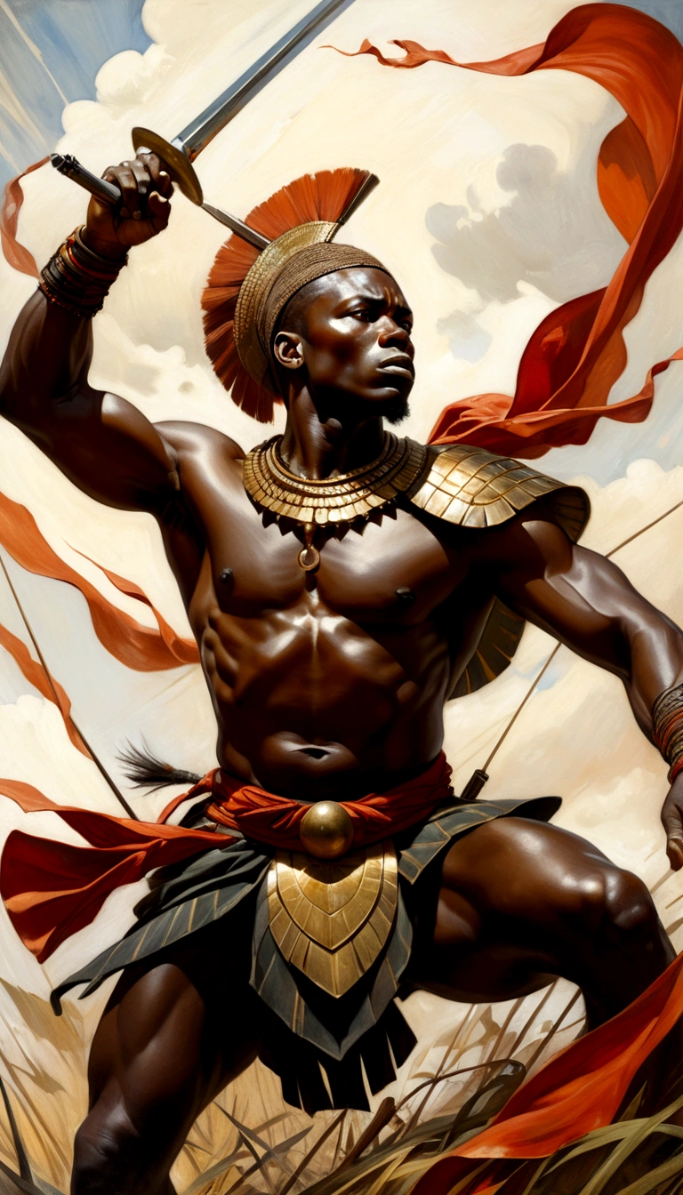 low angle of an african warrior at the battlefield, wind, top light, masterful painting in the style of Anders Zorn | Marco Mazzoni | Yuri Ivanovich, Todd McFarlane, oil on canvas