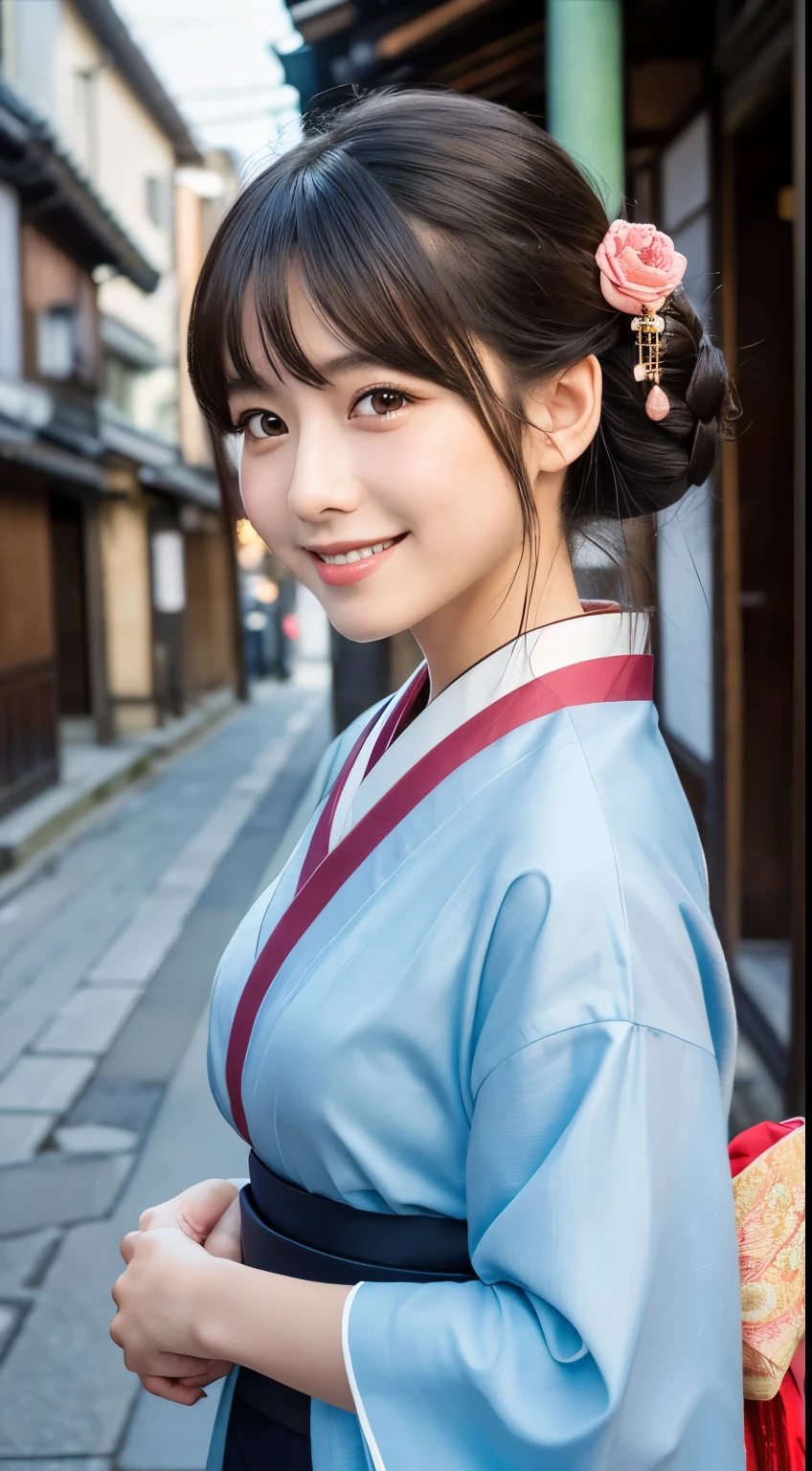 Professional Lighting,(Photorealistic:1.4), (Top image quality:1.0), (超A high resolution:1.0), 8K, Raw photography, (masterpiece:0.2), (Facing the children_v1:0.5)、(最高quality Detail:1.2)、Realistic、8K Ultra HD、High resolution、(1 girl:1.2)、超detailedな、High quality textures、複雑なdetailed、detailed、Very detailed CG、High quality shadows、detailed 美しく繊細な顔、Beautiful details and a delicate eye、(Symmetrical eyes:1.2),Written boundary depth、Ray Tracing,1 girl, Japanese Girls, (Natural smile:1.4),cute, thin, Portrait of a beautiful Japanese woman in a kimono, Standing elegantly on a street corner in Kyoto. Kimono with vibrant traditional patterns, Hair decorated with elegant and delicate hairpins, Gentle expression. (With the old streets of Kyoto in the background:1.4)、The soft light of a spring afternoon、Adding tranquility to the scene. Rendered in a Realistic style with great attention to detail, High resolutionの画像.Sky Porn, Magic Hour, (Realistic:1.3), finely, quality, (Tabletop:1.2), (Realistic:1.2), (最高quality), (複雑なdetailed), dramatic, Ray Tracing, photograph, +roller
