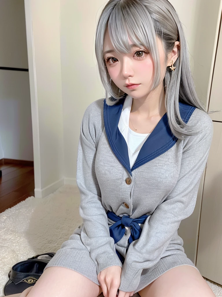 8K, RAW Photos, Fujifilm, Beautiful 20 year old woman style photo, (((Gray Hair:1.3,美しいGray Hairのストレートヘアー、シルキーなGray Hair)))、(((Sailor suit:1.5,))) Gold earrings, (Highly detailed skin: 1.2), Light medium brown hair, Film Grain, 35mm, Cute Style、(((Sitting 1.5)))、Selfie with smartphone、Spread your legs、sexy、erotic