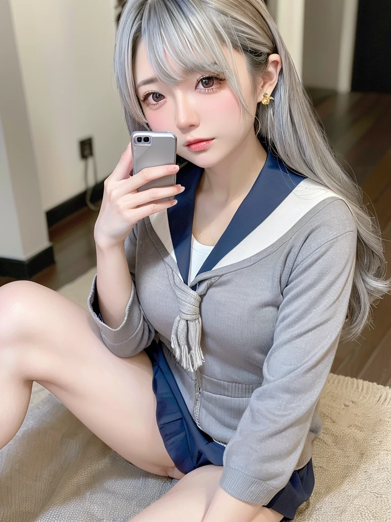 8K, RAW Photos, Fujifilm, Beautiful 20 year old woman style photo, (((Gray Hair:1.3,美しいGray Hairのストレートヘアー、シルキーなGray Hair)))、(((Sailor suit:1.5,))) Gold earrings, (Highly detailed skin: 1.2), Light medium brown hair, Film Grain, 35mm, Cute Style、(((Sitting 1.5)))、Selfie with smartphone、Spread your legs、sexy、erotic