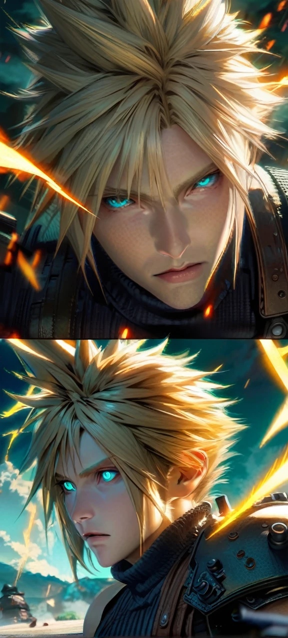 Symetrical,absurdres, highres, ultra detailed, HDR, masterpiece, extremely detailed face and eyes, Cloud Strife,final fantasy 7, yellow hair , , solo, man, handsome, ,, , Epic fight scene, yellow lightning effect, glowing glitters, symetrical 