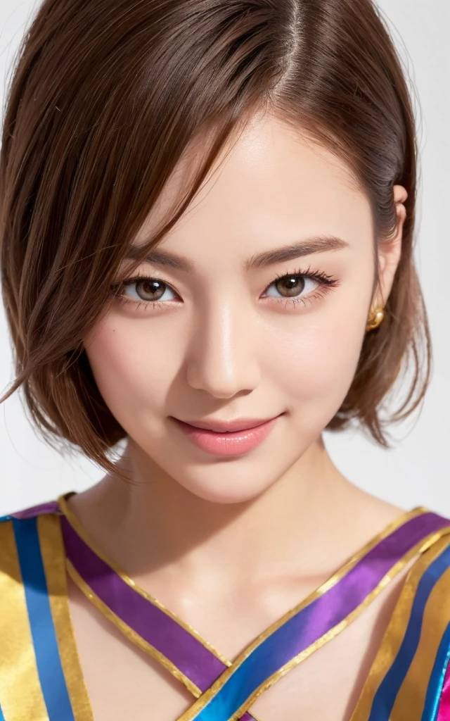 1 girl, (Wearing colorful stage costumes:1.2), Very beautiful Japanese idol portraits, Face close-up, (RAW Photos, highest quality), (Realistic, Realistic:1.4), (masterpiece), Very delicate and beautiful, Very detailed, 2k wallpaper, wonderful, finely, Very detailed CG Unity 8K wallpaper, Very detailed, High resolution, Soft Light, Beautiful detailed girl, Very detailed目と顔, Beautiful and sophisticated nose, Finely beautiful eyes, Cinema Lighting, (Simple light color background:1.3), (short hair), (Bob), Complete Anatomy, Slender body, Small breasts, smile