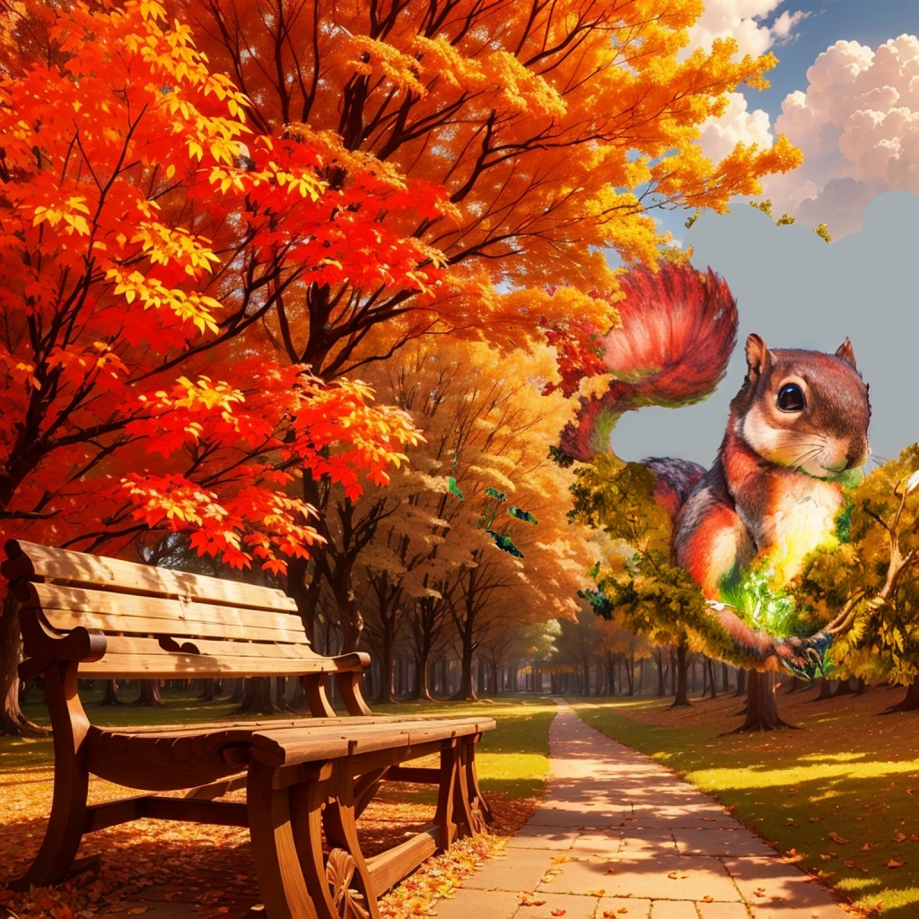 (Highest quality, High resolution), Vibrant colors,Low - Angle,

(Giant squirrel in the distance,Squirrels over 50 meters,Knock down a maple tree,)