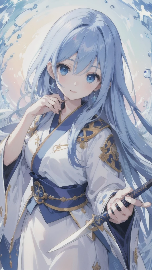 (best quality,4k,highres),detailed and realistic portrait,anime style,beautiful girl with long deep blue hair,gorgeous sapphire eyes,blue hanfu armor,dagger