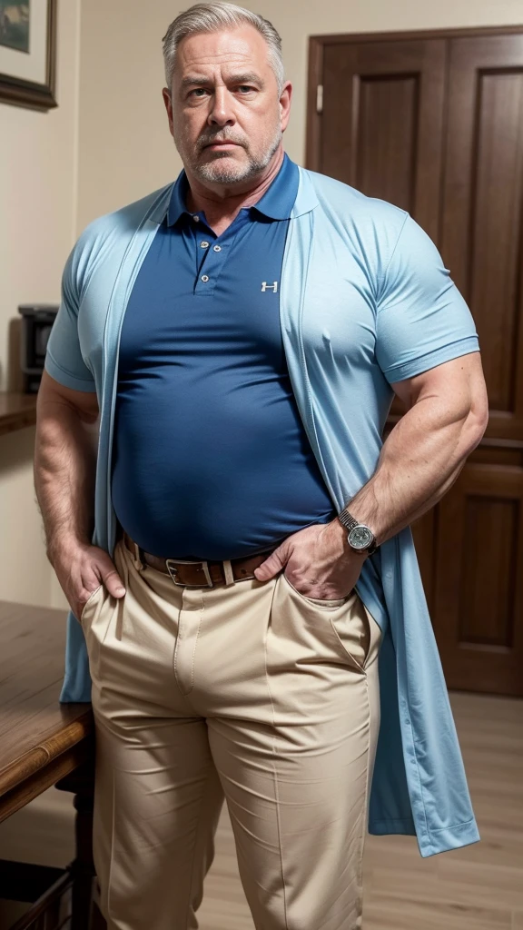 (best quality,4k,8k,highres,masterpiece:1.2), age 60, white man detective , horny disgusting, muscular chubby, kind, open blue polo shirt , mature daddy, Dress Pants with big hard bulge, hairy chest hard nipple, belt, loafer,