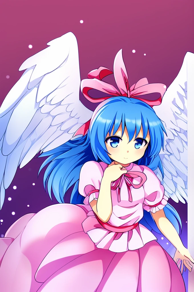 masterpiece, best quality, 1girl, , , 10 years old, medium blue hair, hair flaps, pink ribbon on head, well-formed face, blue eyes, angel girl, white blouse, puffy short sleeves, red ribbon, angel wings, long white skirt, red shoes, frills, ribbon head